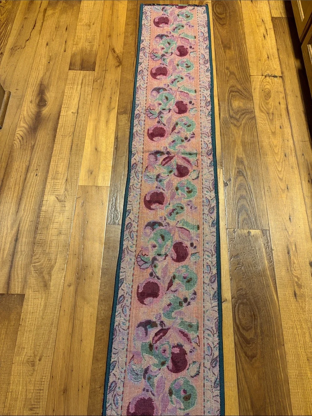 Vintage Tapestry Table Black Runner with Red and Green Apple Motif 64x12.5 EUC